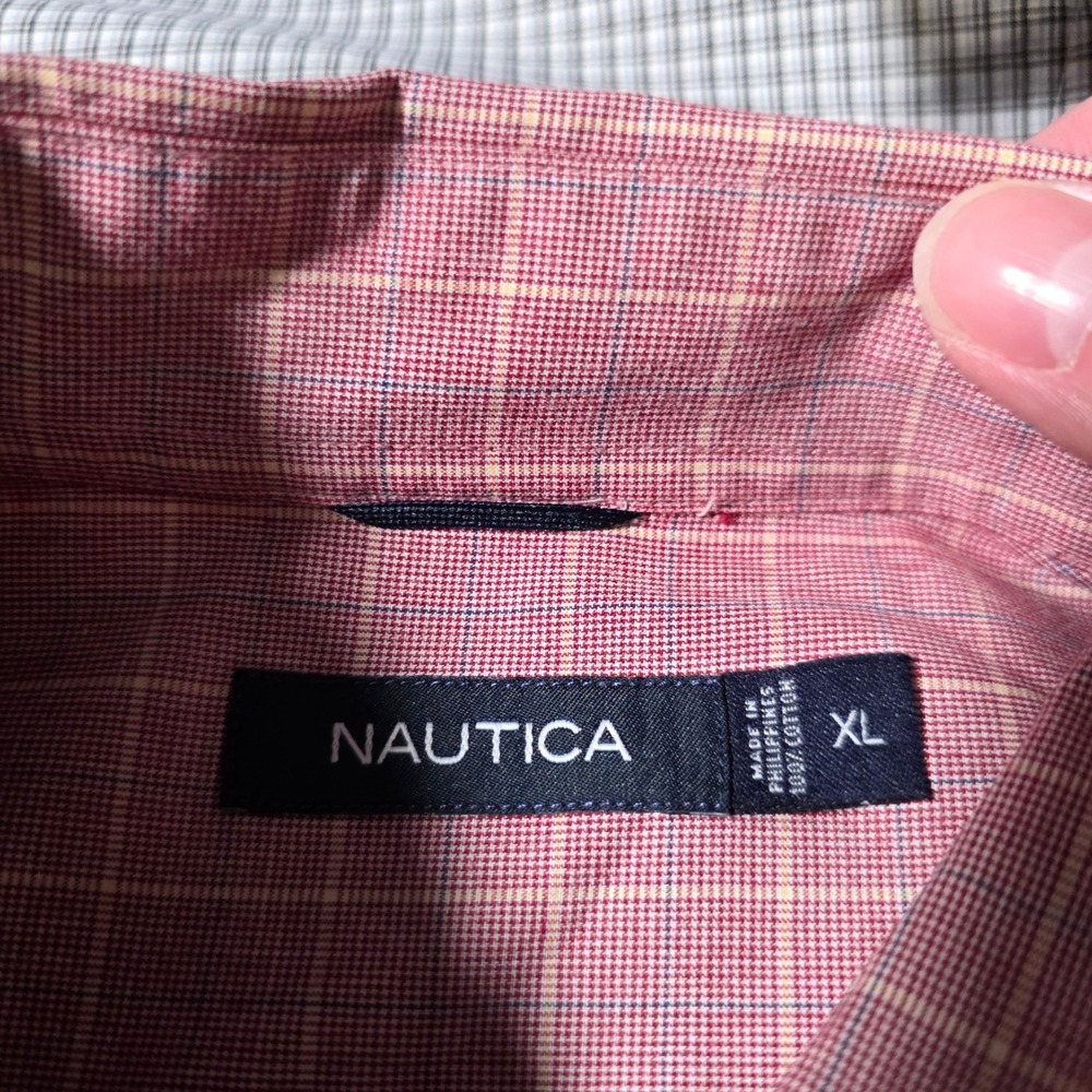 Nautica Mens XL Button Down Shirt Bundle Red Grey Plaid Check Long Sleeve Cotton - Picture 4 of 8